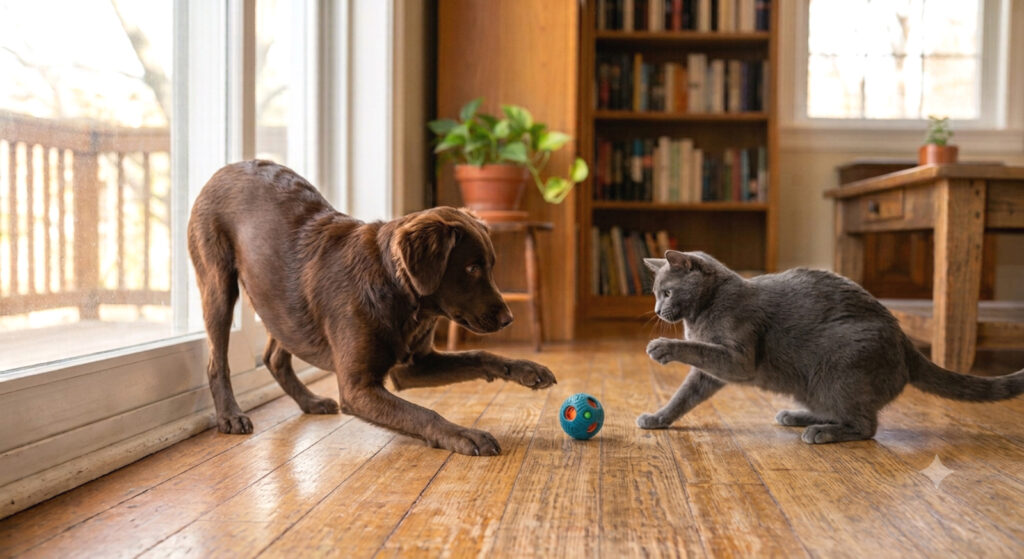 Cane e gatto che giocano con la pallina